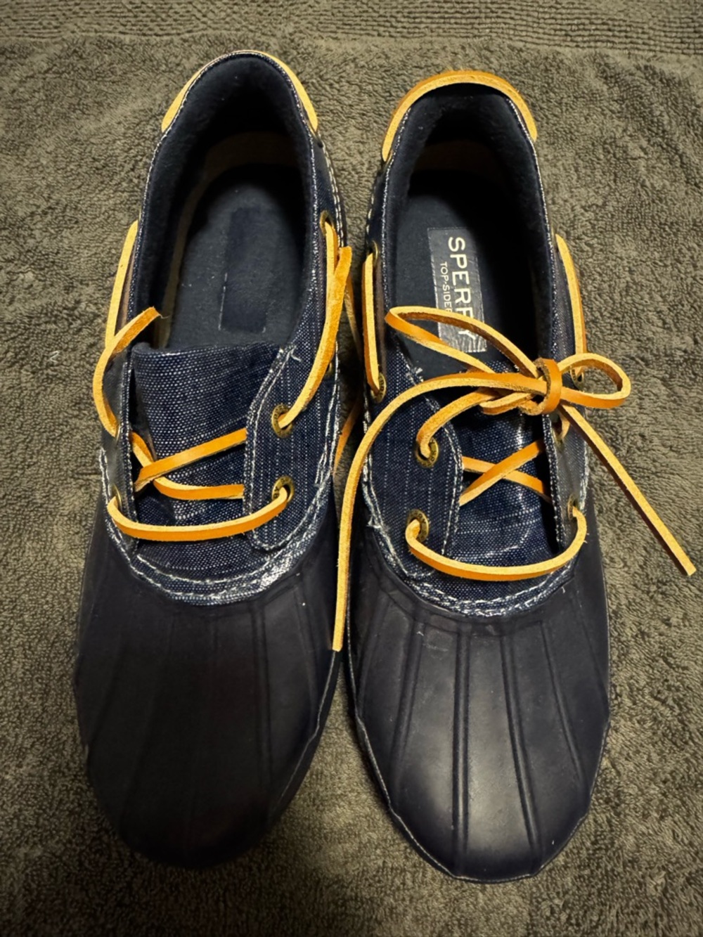 Sperry Navy Boat Shoes with Tan Laces